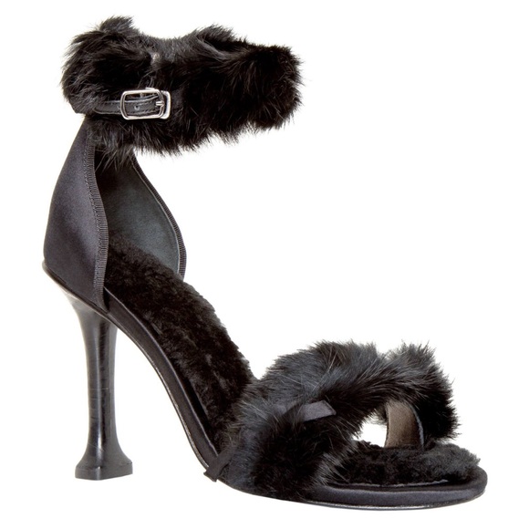 NIB Leon Max Elite Black Satin & Rabbit Fur Ankle Strap Heels Shoes - Picture 2 of 12